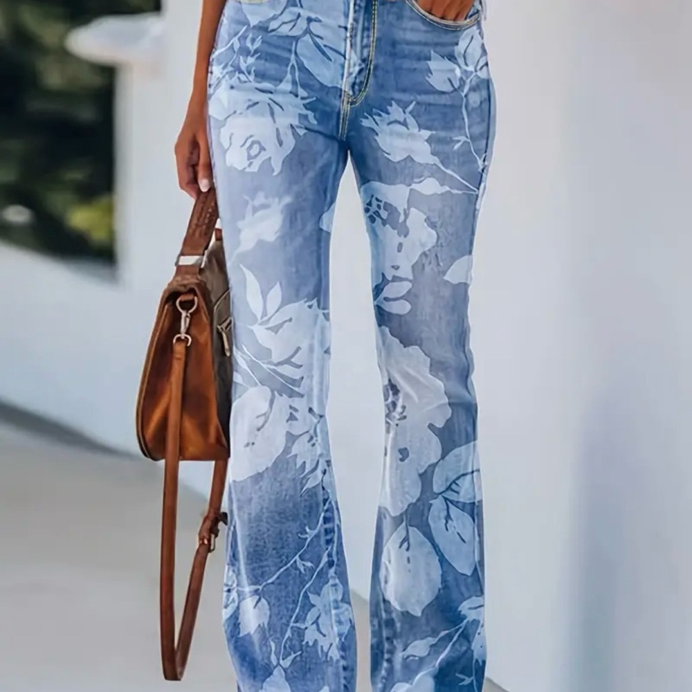 Blue and White Flare Wide Leg Jeans with Distressed Look